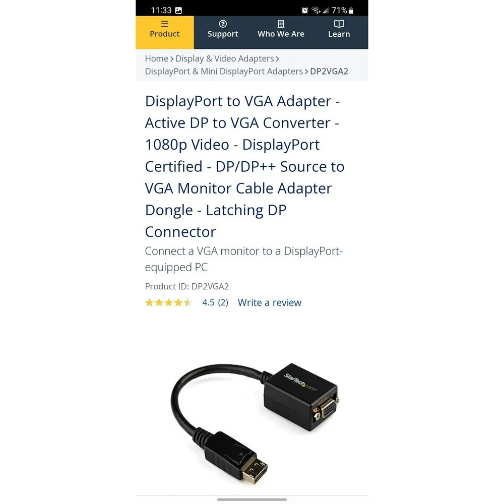 StarTech‎ DP2VGA2 Display Port to VGA Video Adapter - Black